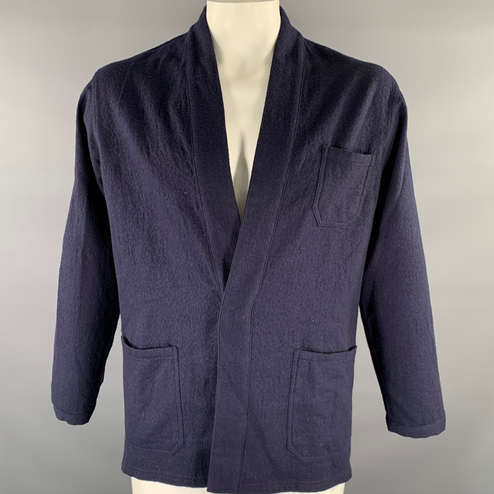 The Lost Explorer Chest Size L Navy Distressed Wool Cotton Shawl Jacket